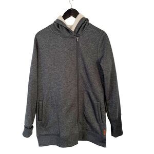 Roots Dark Grey Asymmetrical Zipper Tunic Length Sherpa Lining Hooded Sweater